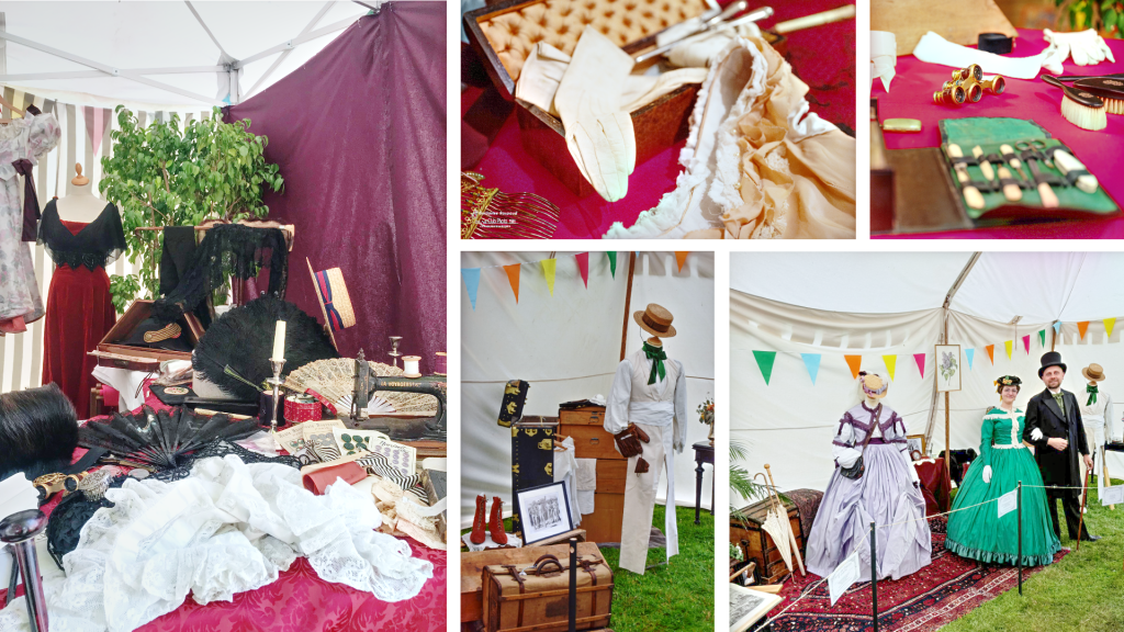 Danse reconstitution historique : Assemblage de diverses photographies montrant un stand dans lequel sont exposés des vêtements et accessoires d'époque.